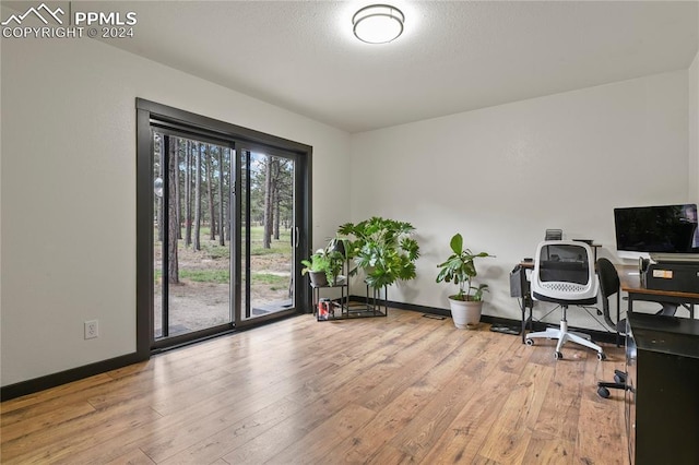 home office with light hardwood / wood-style flooring