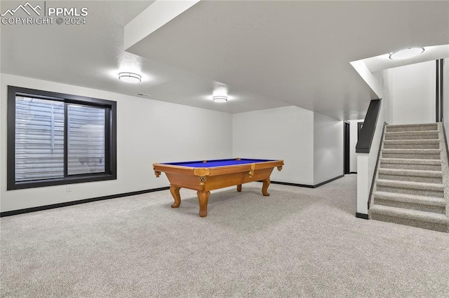 recreation room featuring billiards and light colored carpet