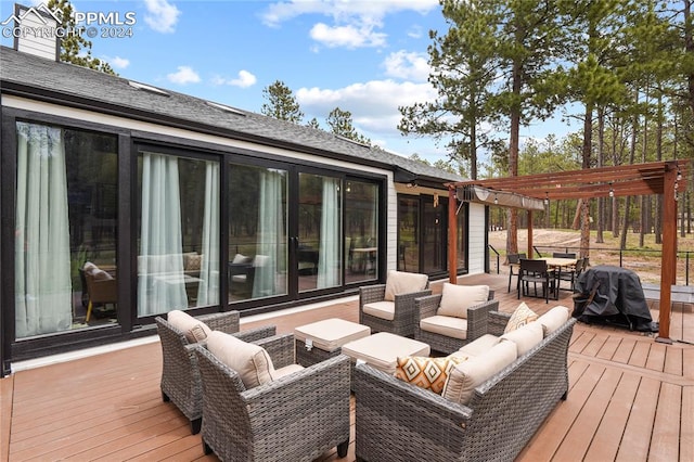 deck with an outdoor living space and a pergola