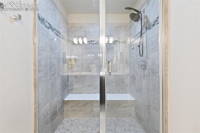 bathroom featuring a shower with shower door