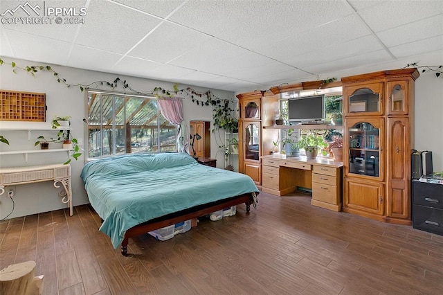 bedroom featuring dark wood-type flooring, a paneled ceiling, and multiple windows