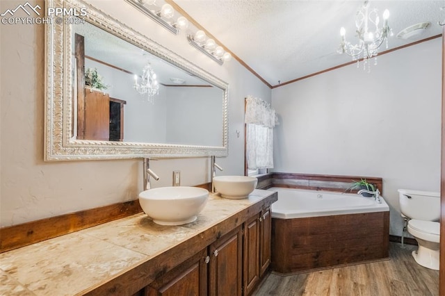 bathroom featuring crown molding, lofted ceiling, hardwood / wood-style flooring, a bath, and toilet