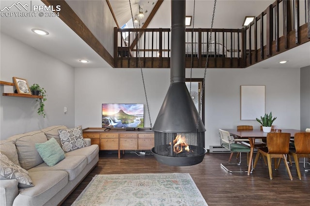 living room with dark hardwood / wood-style floors, a wood stove, high vaulted ceiling, a baseboard radiator, and an inviting chandelier