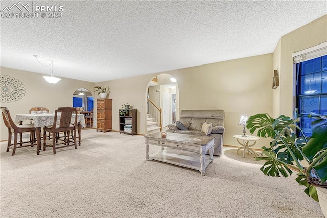 living room with carpet floors and a textured ceiling