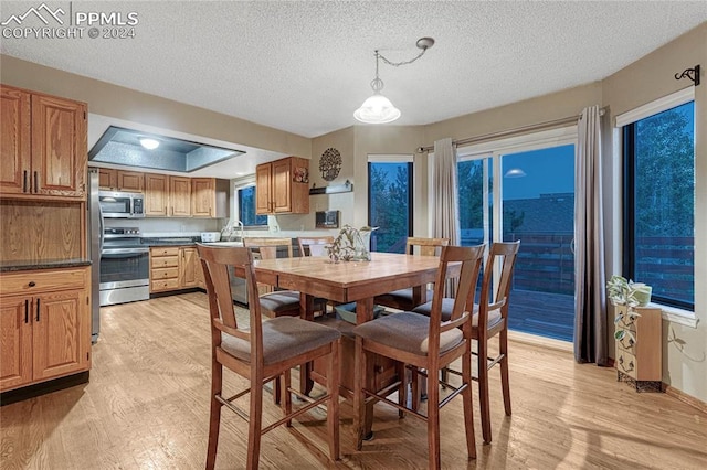 dining room with a textured ceiling and light hardwood / wood-style floors