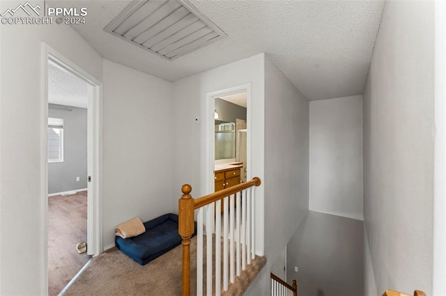 staircase featuring carpet and a textured ceiling