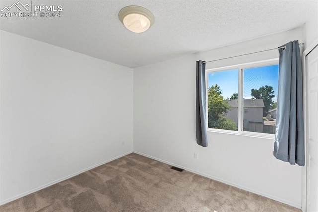 spare room featuring a textured ceiling and light colored carpet