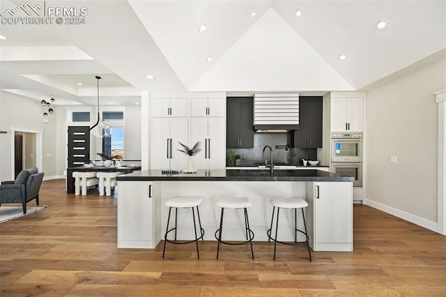 kitchen with white cabinets, a large island, stainless steel double oven, and light hardwood / wood-style flooring