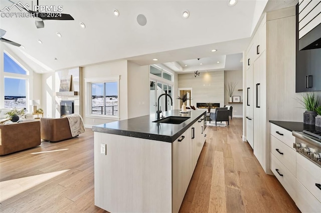 kitchen with a fireplace, light wood-type flooring, a kitchen island with sink, and sink