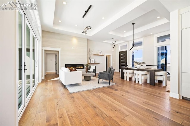 living room with a large fireplace, light hardwood / wood-style floors, and a raised ceiling