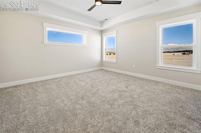 carpeted empty room with a raised ceiling and ceiling fan