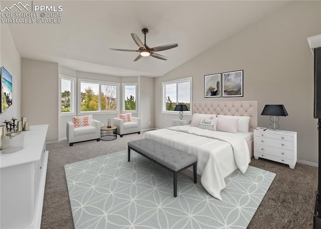 bedroom featuring ceiling fan, vaulted ceiling, and carpet