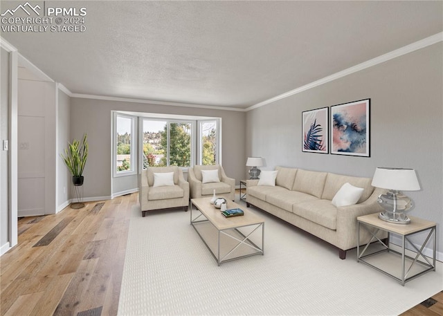 living room with hardwood / wood-style flooring, ornamental molding, and a textured ceiling