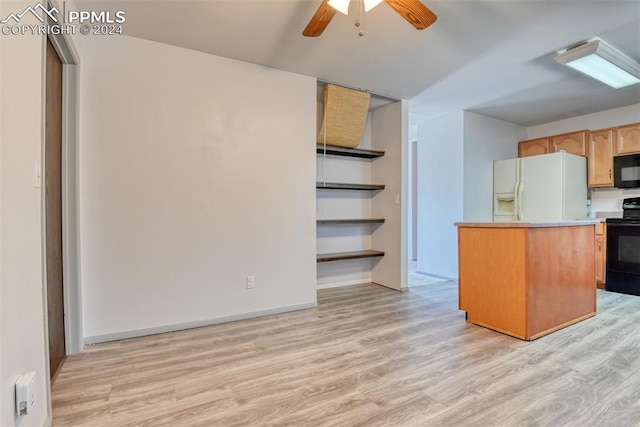 kitchen with ceiling fan, black appliances, and light hardwood / wood-style floors