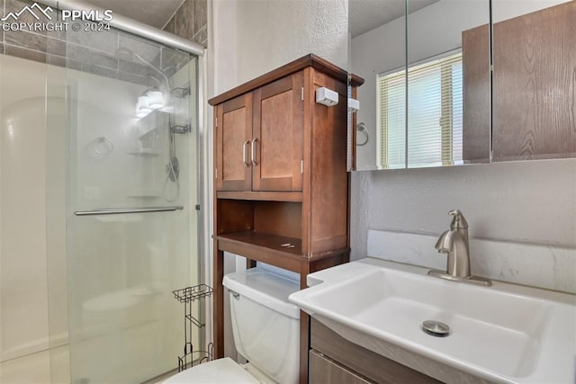 bathroom featuring vanity, toilet, and a shower with shower door