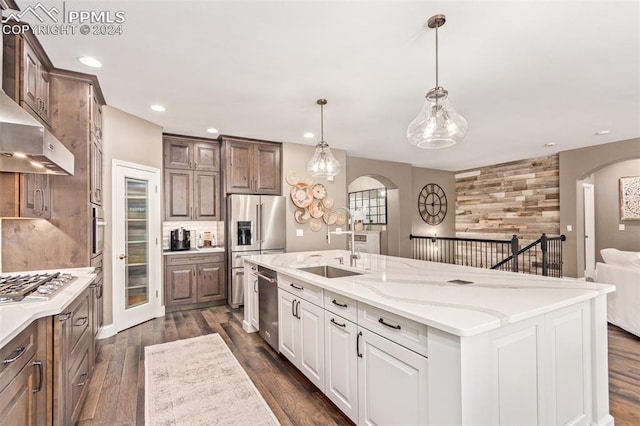 kitchen featuring dark brown cabinets, a spacious island, appliances with stainless steel finishes, dark hardwood / wood-style floors, and sink