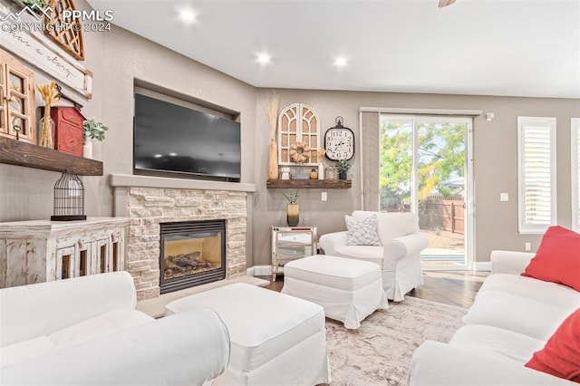 living room with light hardwood / wood-style floors and a fireplace