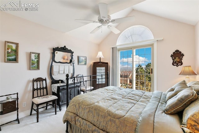 bedroom with vaulted ceiling, ceiling fan, and light colored carpet