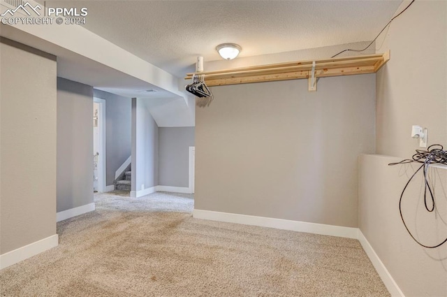 interior space featuring a textured ceiling and carpet floors