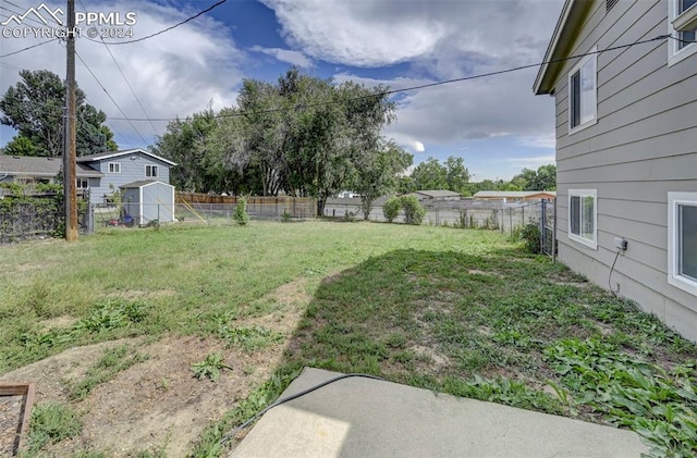 view of yard featuring a storage unit