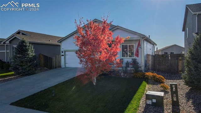 obstructed view of property with a front yard and a garage