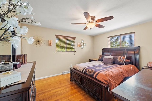 bedroom with ceiling fan and light hardwood / wood-style floors