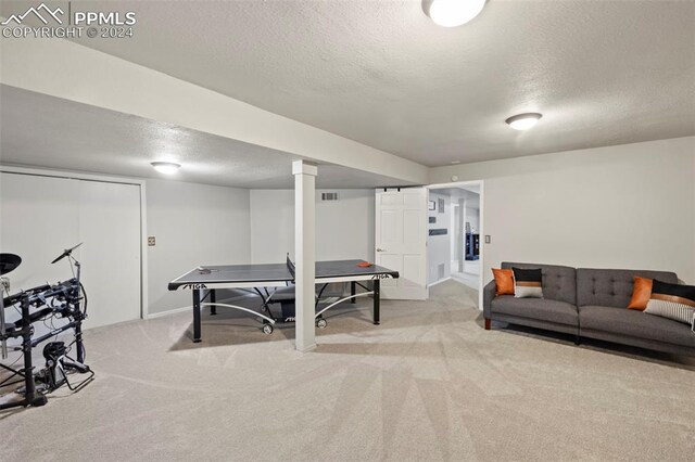 interior space with light carpet and a textured ceiling