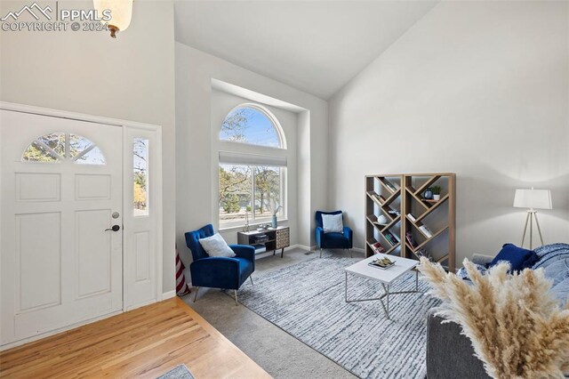 foyer with high vaulted ceiling, plenty of natural light, and hardwood / wood-style floors