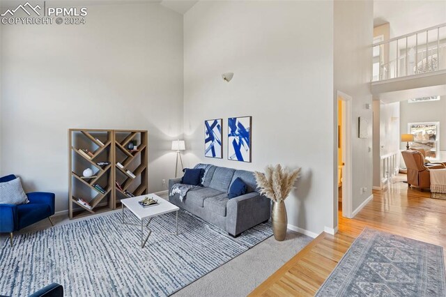 living room featuring a high ceiling and wood-type flooring