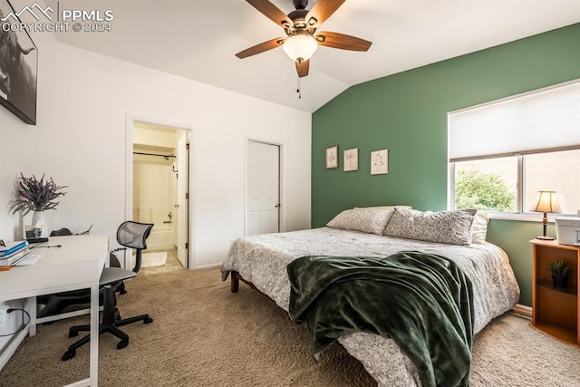 carpeted bedroom with lofted ceiling, ceiling fan, and connected bathroom