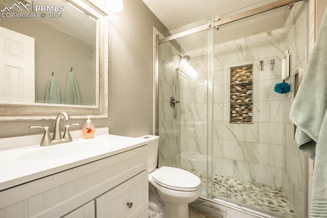 bathroom with vanity, toilet, and a shower with shower door