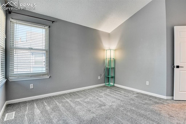 empty room with carpet flooring, a textured ceiling, and vaulted ceiling