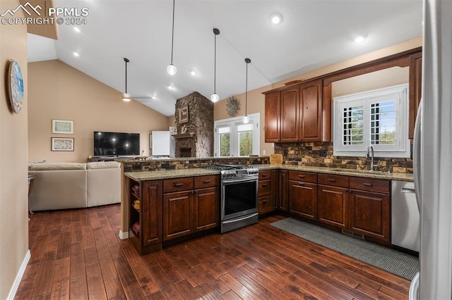 kitchen featuring appliances with stainless steel finishes, dark hardwood / wood-style floors, a healthy amount of sunlight, and sink