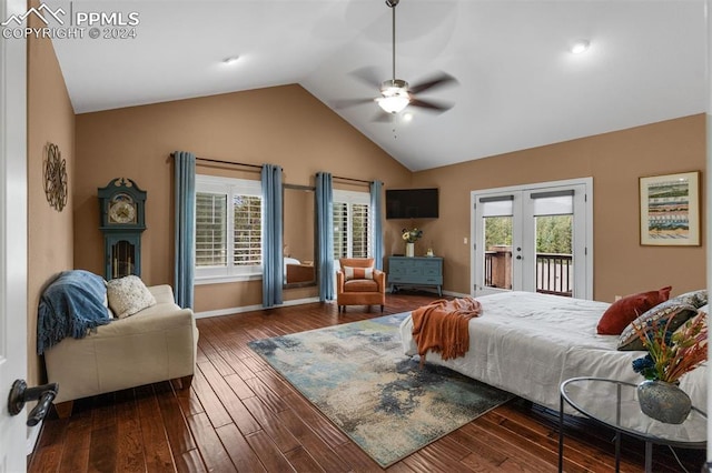 bedroom with dark hardwood / wood-style flooring, access to exterior, lofted ceiling, ceiling fan, and french doors