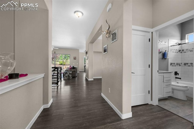 corridor featuring dark wood-type flooring