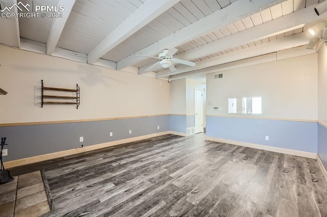 unfurnished room featuring wood ceiling, ceiling fan, hardwood / wood-style floors, and beam ceiling