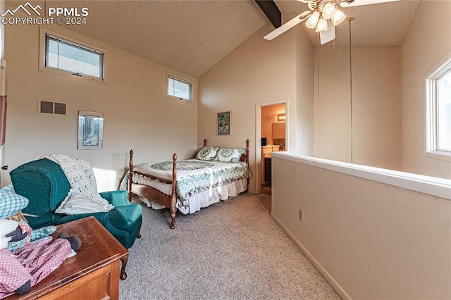 carpeted bedroom featuring high vaulted ceiling, ceiling fan, connected bathroom, and beamed ceiling