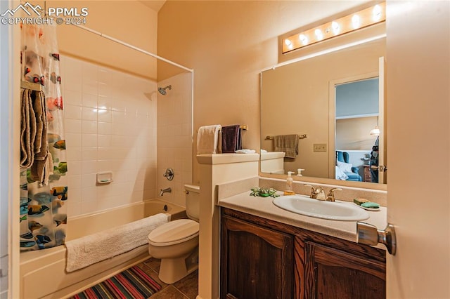 full bathroom featuring vanity, toilet, shower / tub combo, and tile patterned flooring