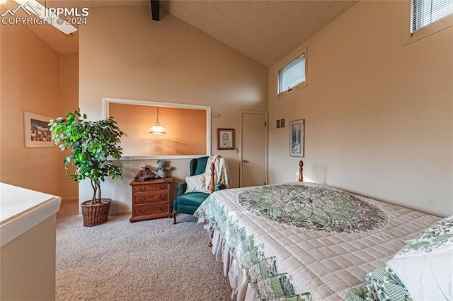 bedroom featuring beamed ceiling, high vaulted ceiling, and carpet