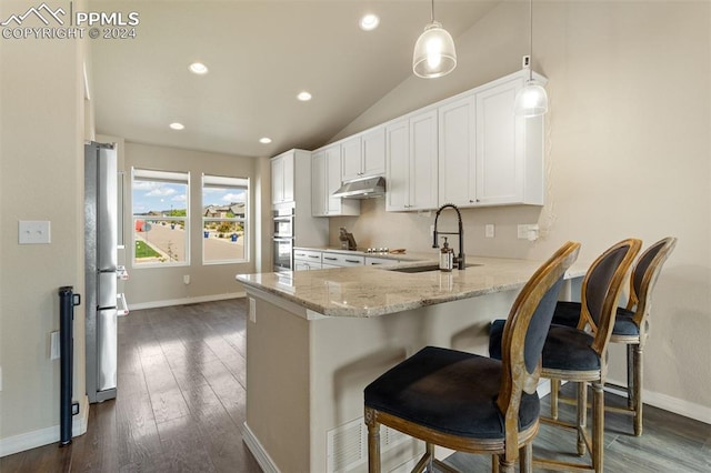 kitchen with kitchen peninsula, appliances with stainless steel finishes, hanging light fixtures, light stone counters, and sink