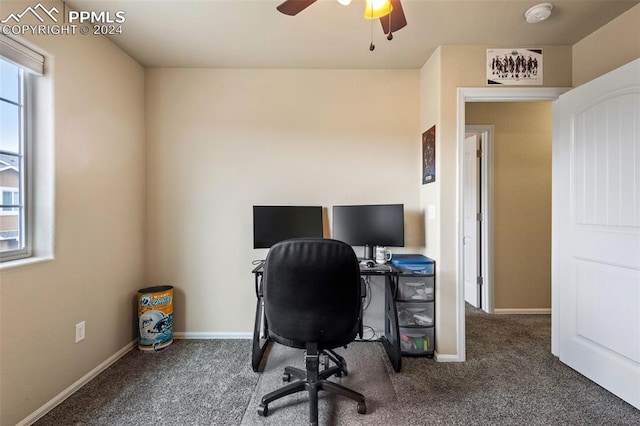 office featuring ceiling fan and carpet floors