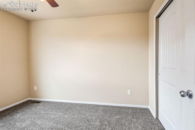 unfurnished bedroom with ceiling fan, a closet, and carpet floors