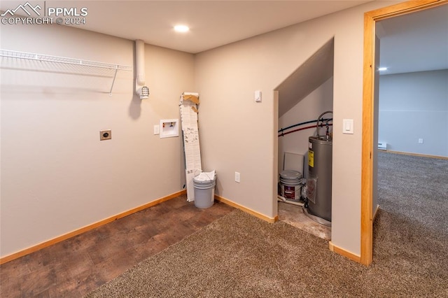 washroom featuring hookup for a washing machine, dark colored carpet, electric water heater, and electric dryer hookup