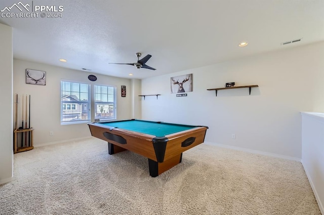 playroom with ceiling fan, pool table, and light carpet