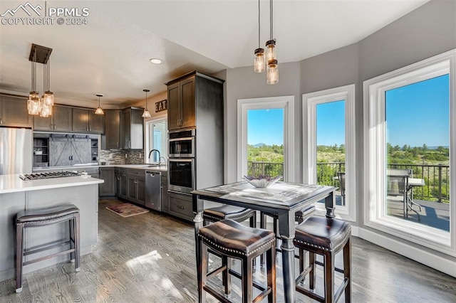 kitchen with hanging light fixtures, appliances with stainless steel finishes, dark brown cabinets, and backsplash