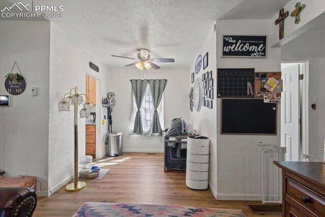 interior space featuring a textured ceiling, ceiling fan, and wood-type flooring