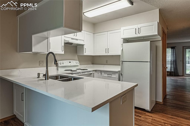 kitchen featuring white appliances, white cabinetry, and kitchen peninsula