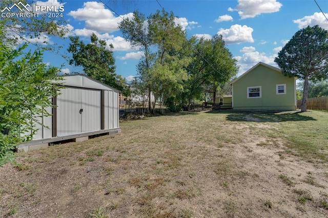 view of yard featuring a storage unit