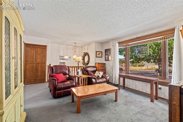 living room featuring a textured ceiling and light carpet