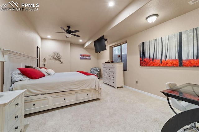 carpeted bedroom featuring ceiling fan